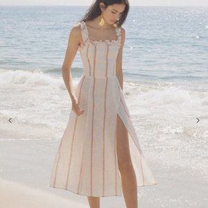 Reformation A-Line Dress White Linen Striped Square Neck Sleeveless Size 2